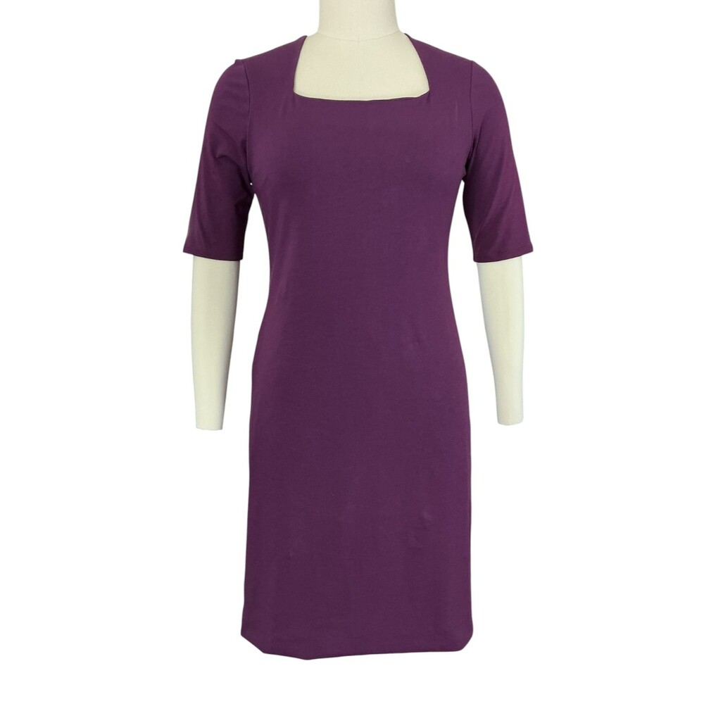 Peruvian Connection Pima Cotton Sheath Dress L  Purple Square Neck Quiet Luxury